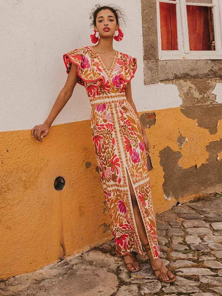 Kaija | Elegante, op vintage geïnspireerde maxi jurk - mediterrane tegelprint, mouwloos