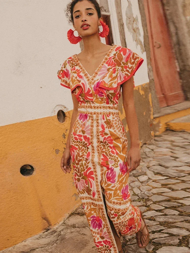 Kaija | Elegante, op vintage geïnspireerde maxi jurk - mediterrane tegelprint, mouwloos