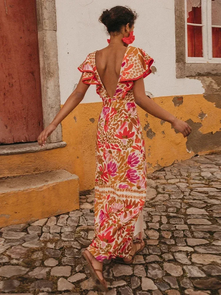 Kaija | Elegante, op vintage geïnspireerde maxi jurk - mediterrane tegelprint, mouwloos