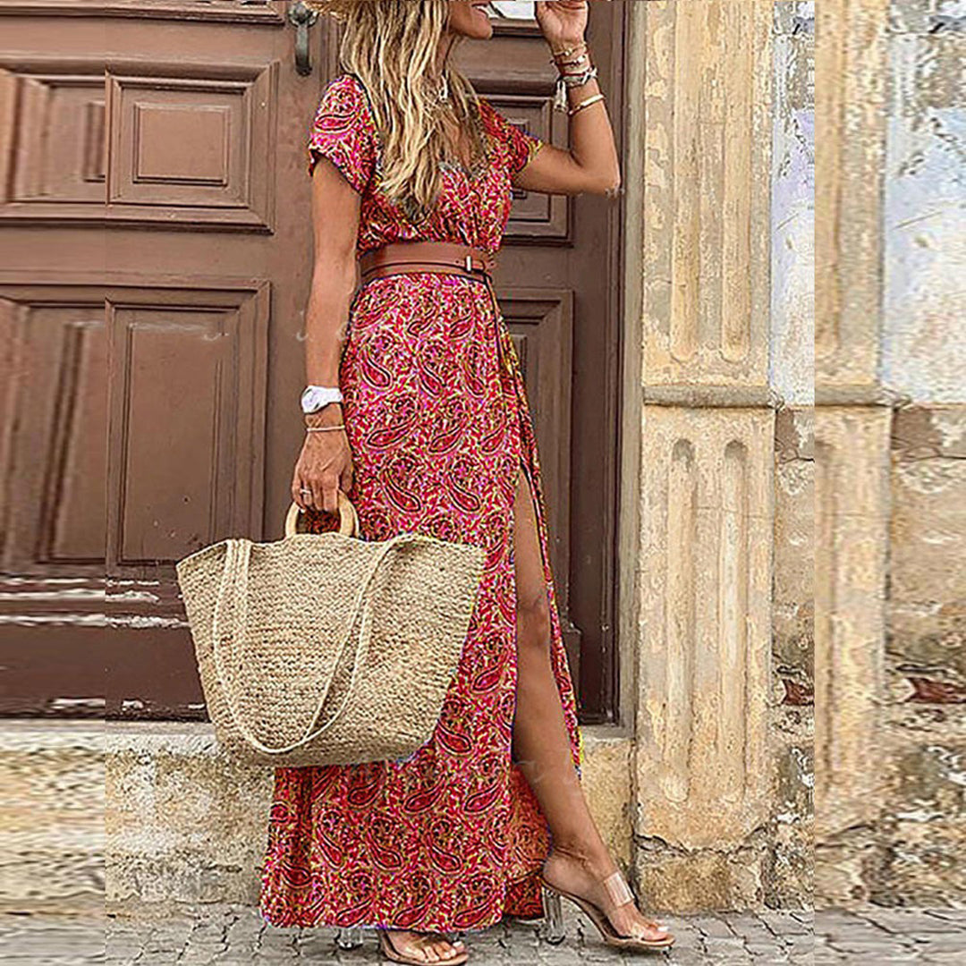 Jelena | Vrouwen Boho Paisley print Maxi jurk met split