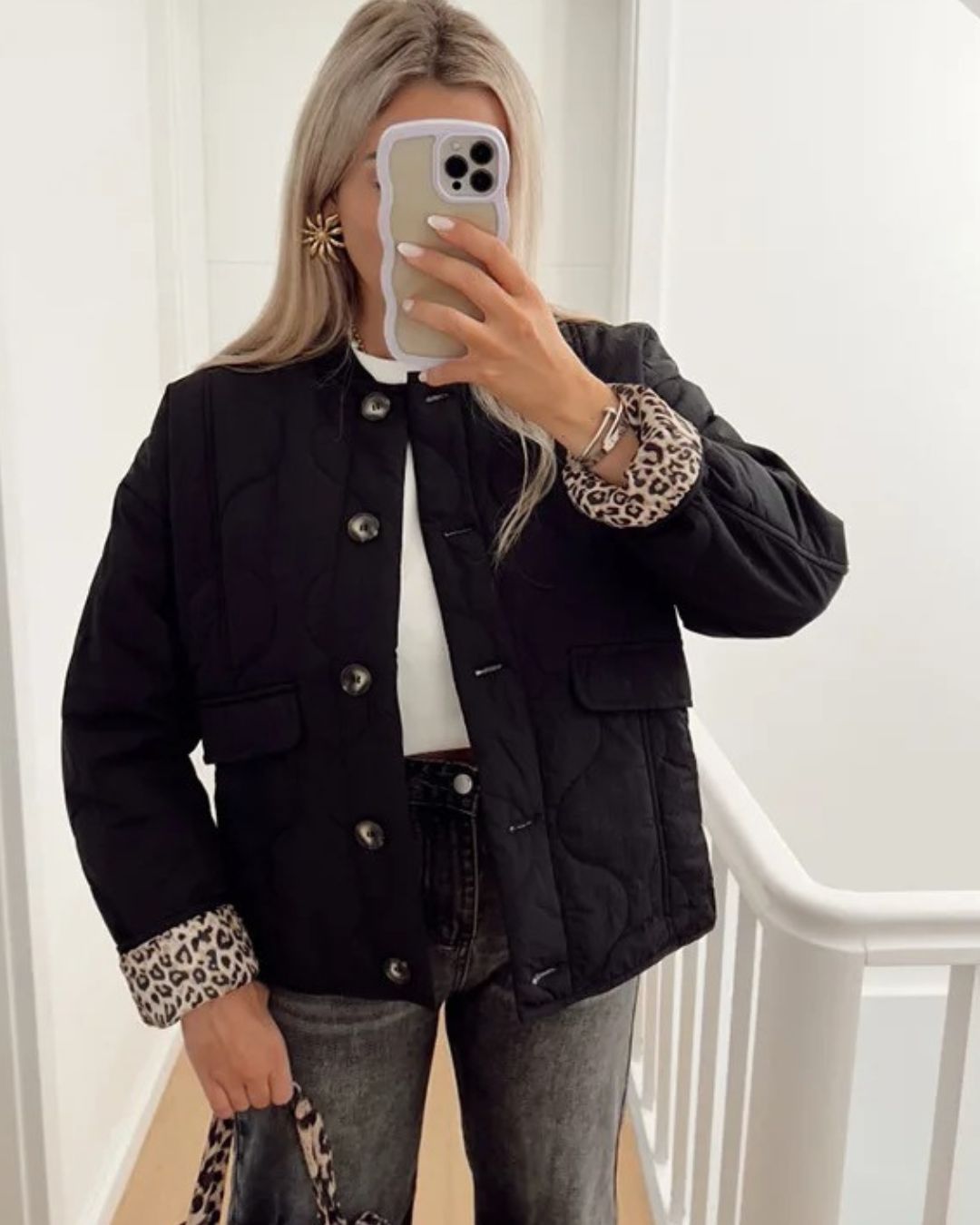 Zolena | Omkeerbare damesjas - binnenkant met luipaardprint, knoopsluiting, casual herfstjas