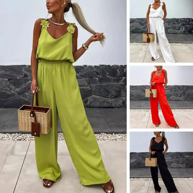 Oaklyn | Dames Jumpsuit zonder mouwen en wijde pijpen - Elegant bloemendetail op de schouders