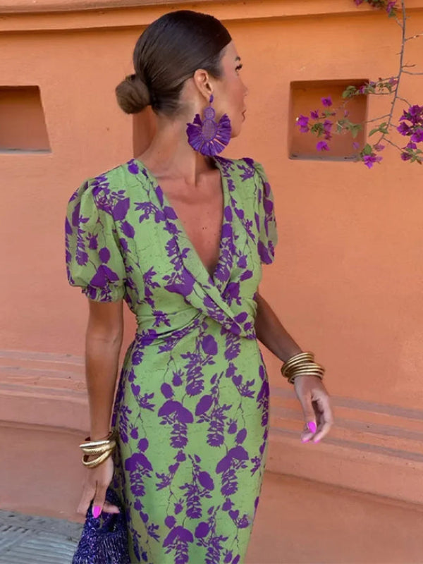 Xhoana | Bloemige V-hals Pofmouw Midi Jurk - Groen & Paars Print, Zomer Casual Elegant Fit