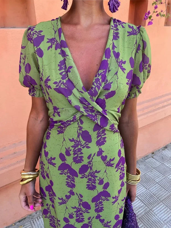 Xhoana | Bloemige V-hals Pofmouw Midi Jurk - Groen & Paars Print, Zomer Casual Elegant Fit