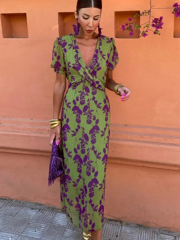 Xhoana | Bloemige V-hals Pofmouw Midi Jurk - Groen & Paars Print, Zomer Casual Elegant Fit
