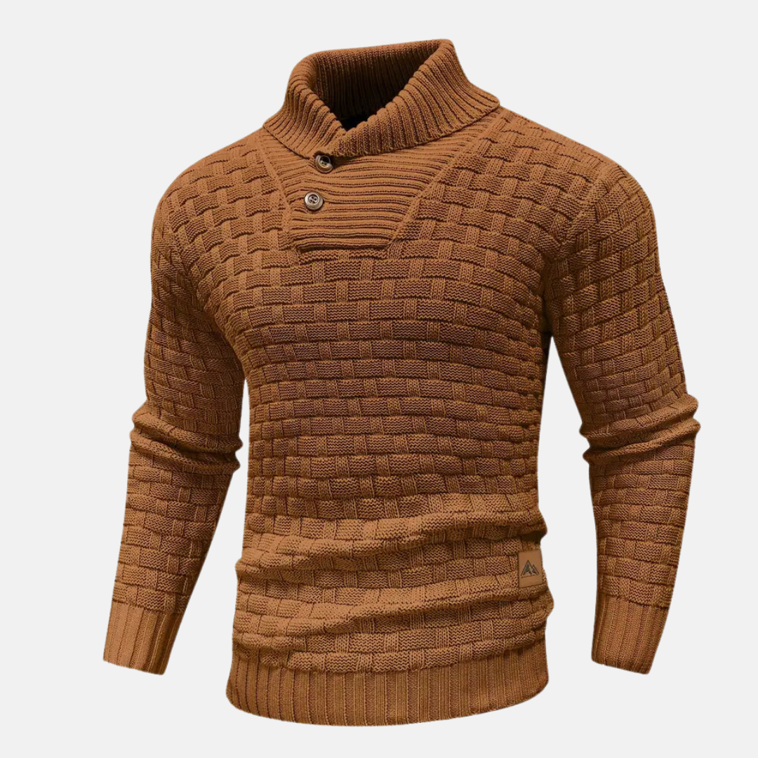 Perikles | Gebreide trui voor heren met textuur, sjaalkraag en knoopdetails, wintertrui, casual breiwerk