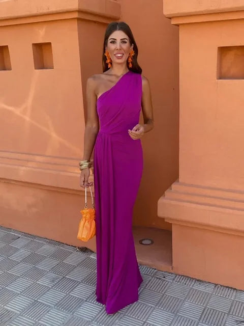 Cvijeta | Elegante mouwloze één-schouder maxi-jurk met schuine schouders - formele kleding