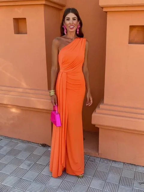 Cvijeta | Elegante mouwloze één-schouder maxi-jurk met schuine schouders - formele kleding