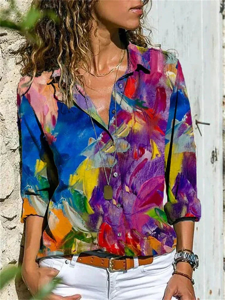 Zela | Zomerse damesblouse - levendige print, lange mouwen, lichtgewicht
