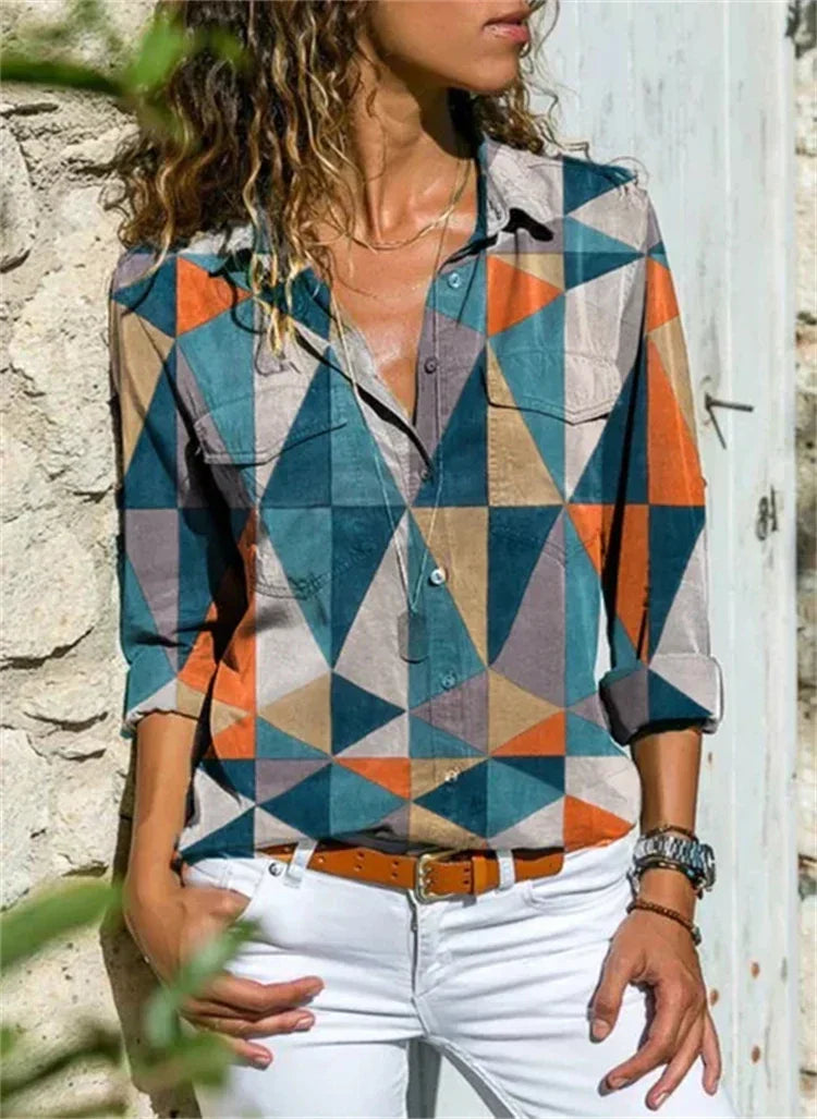 Zela | Zomerse damesblouse - levendige print, lange mouwen, lichtgewicht