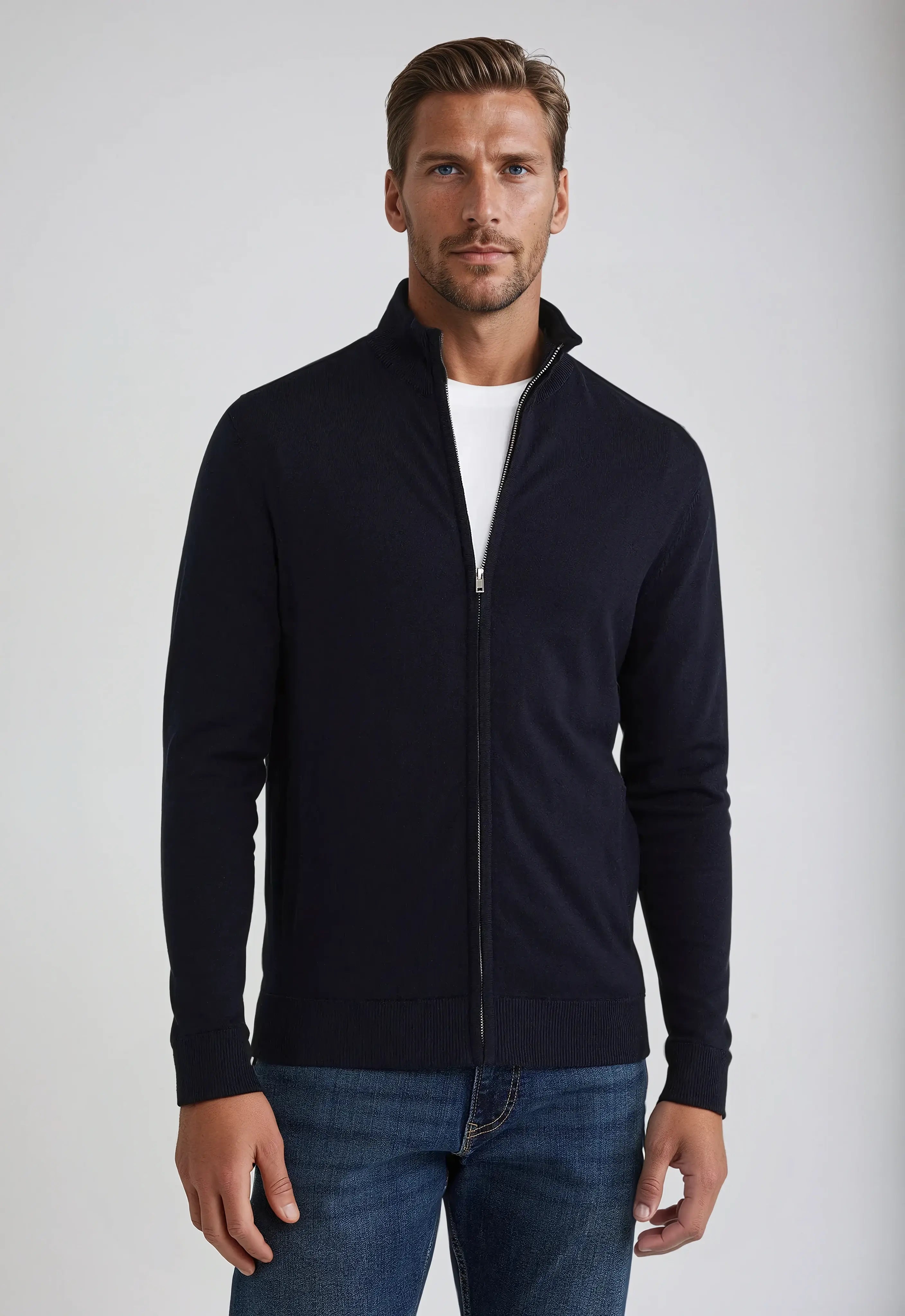 Zandrel | Heren trui met volledige ritssluiting – Casual warme gebreide vest, lichtgewicht pullover