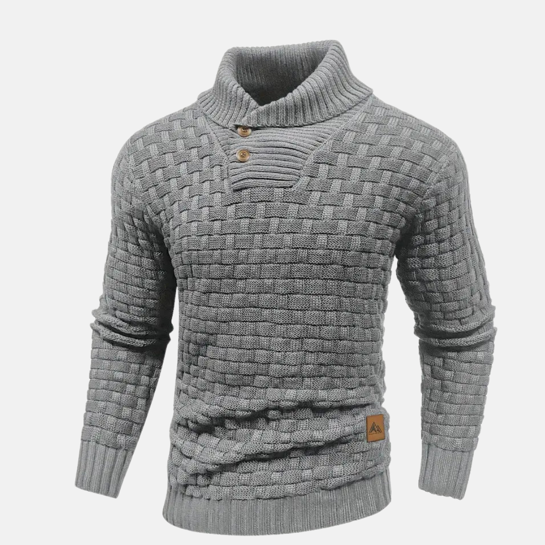 Perikles | Gebreide trui voor heren met textuur, sjaalkraag en knoopdetails, wintertrui, casual breiwerk