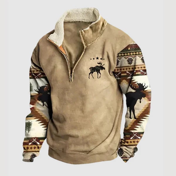 Lucjan | Heren trui met tribale print en halve rits, fleece gevoerd, warme casual outdoor pullover
