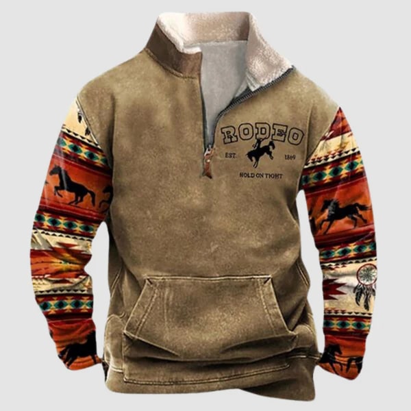 Lucjan | Heren trui met tribale print en halve rits, fleece gevoerd, warme casual outdoor pullover