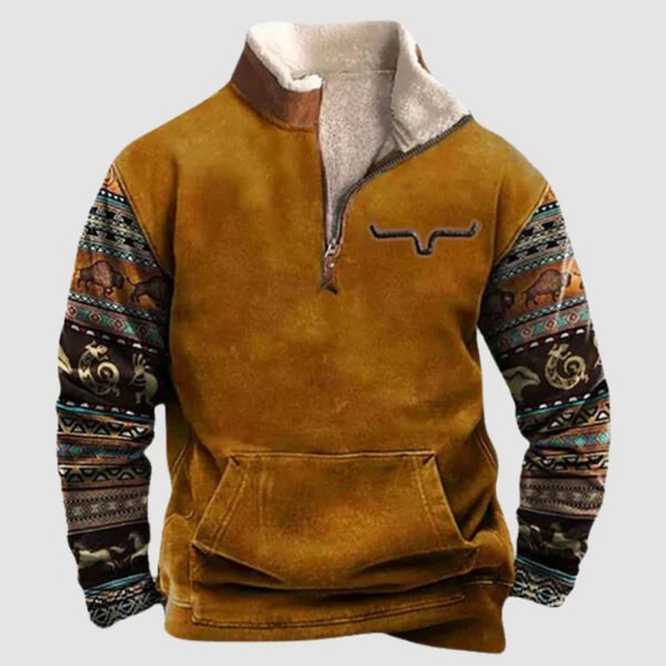 Lucjan | Heren trui met tribale print en halve rits, fleece gevoerd, warme casual outdoor pullover
