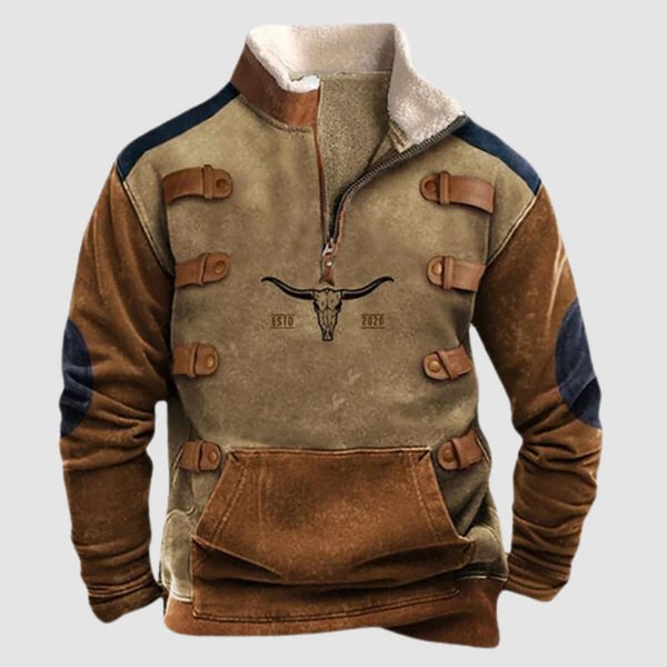 Lucjan | Heren trui met tribale print en halve rits, fleece gevoerd, warme casual outdoor pullover