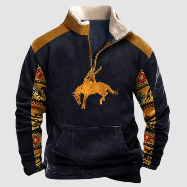Lucjan | Heren trui met tribale print en halve rits, fleece gevoerd, warme casual outdoor pullover