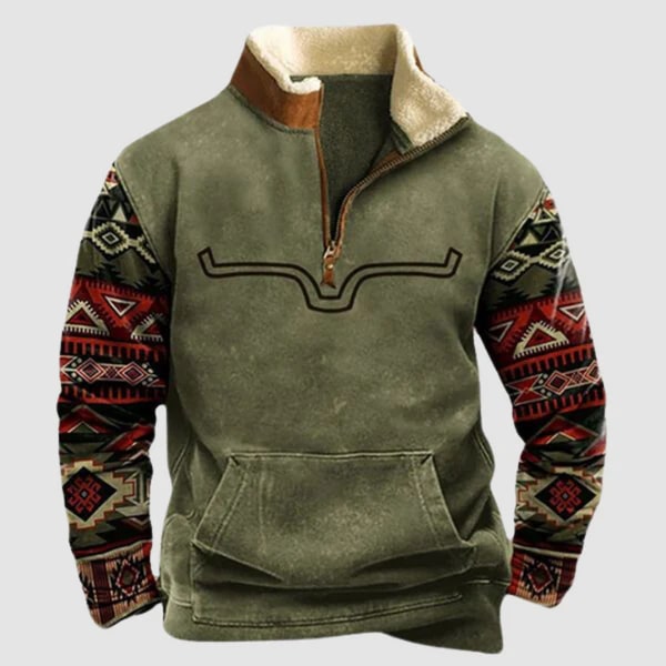 Lucjan | Heren trui met tribale print en halve rits, fleece gevoerd, warme casual outdoor pullover