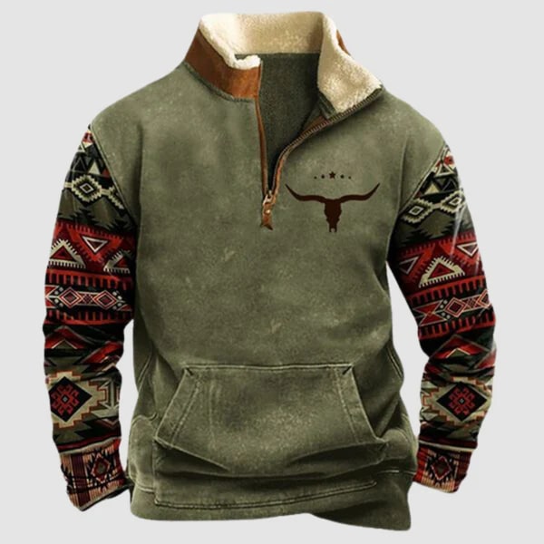 Lucjan | Heren trui met tribale print en halve rits, fleece gevoerd, warme casual outdoor pullover