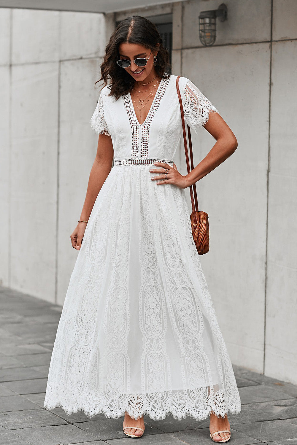 Reva | Elegante kanten maxi jurk met V-hals, gehaakte tailleband & volledige voering