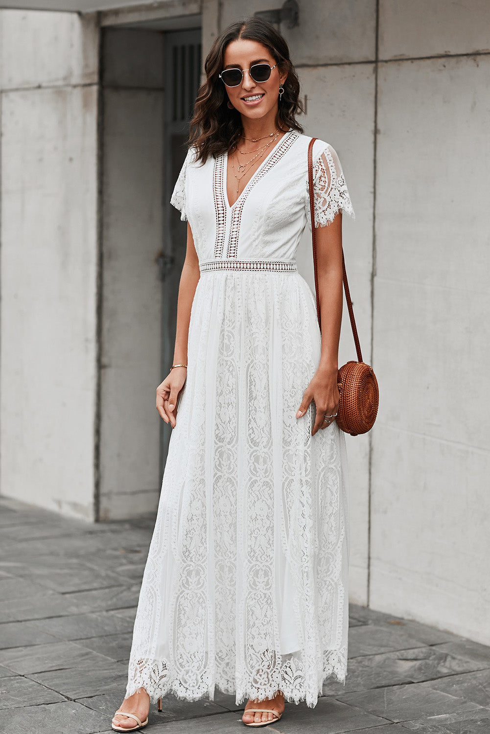 Reva | Elegante kanten maxi jurk met V-hals, gehaakte tailleband & volledige voering