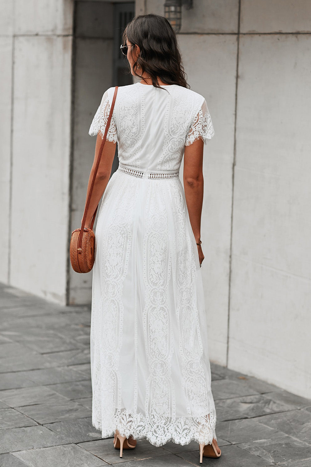 Reva | Elegante kanten maxi jurk met V-hals, gehaakte tailleband & volledige voering