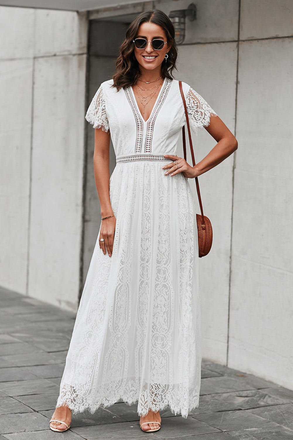 Reva | Elegante kanten maxi jurk met V-hals, gehaakte tailleband & volledige voering
