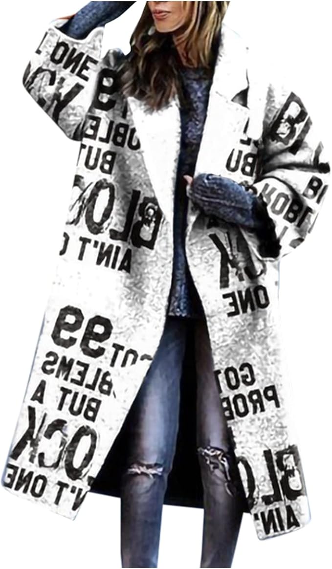 Noa | Lange wollen damesjas, stijlvolle overjas met print en open voorkant, warm en elegant