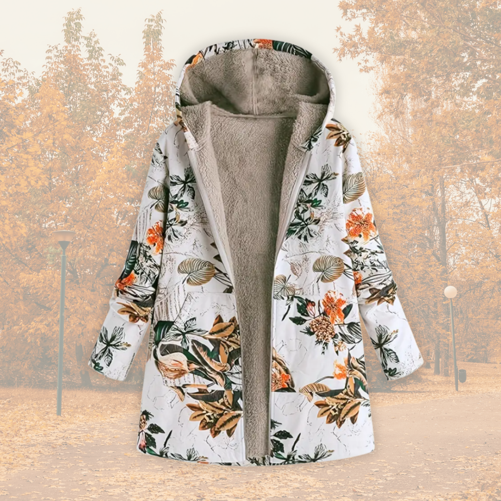 Saina | Damesjas met capuchon en fleecevoering – Warme winterjas met bloemenprint