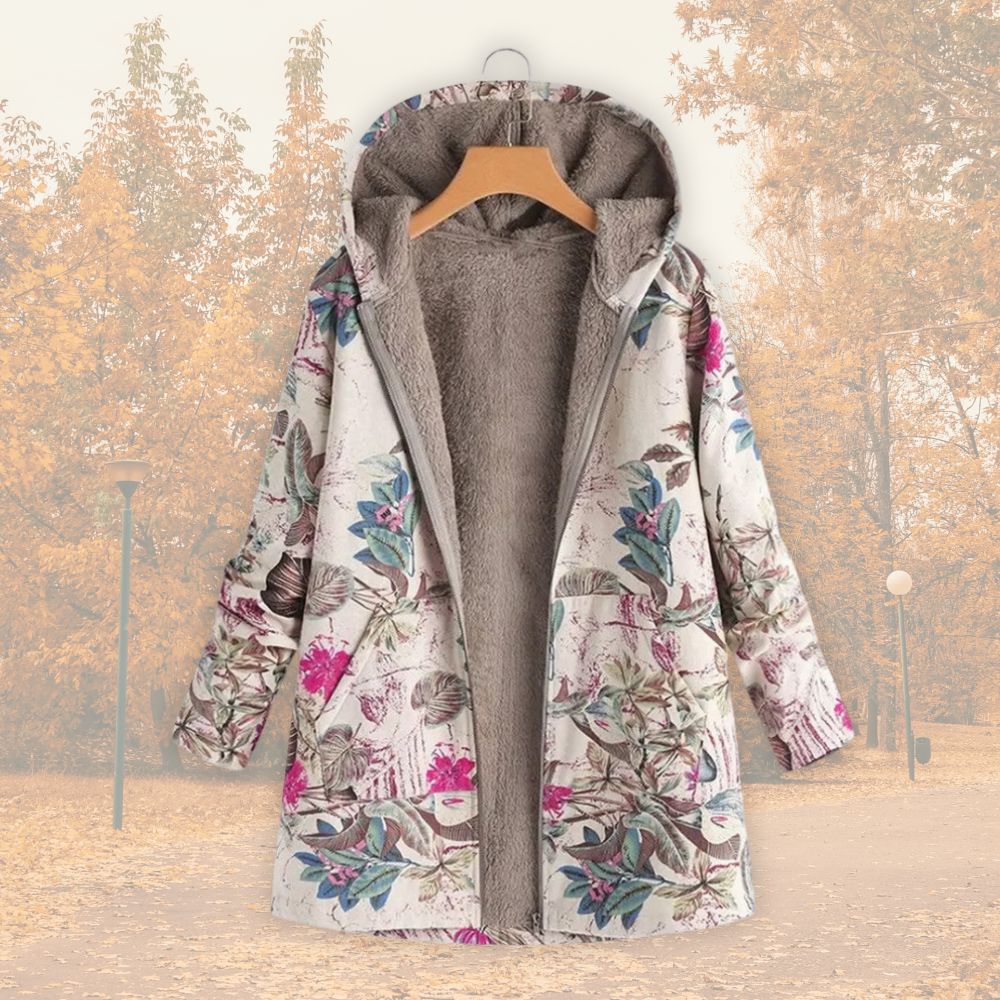 Saina | Damesjas met capuchon en fleecevoering – Warme winterjas met bloemenprint