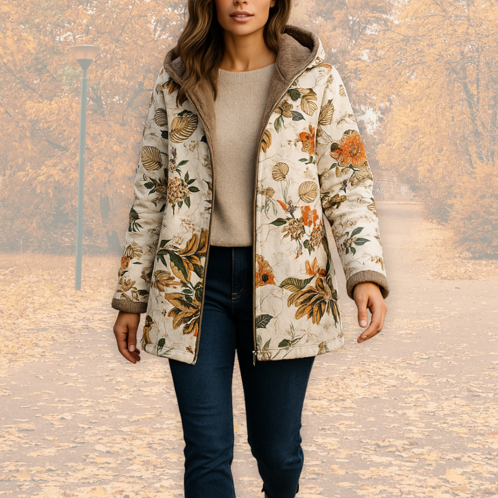 Saina | Damesjas met capuchon en fleecevoering – Warme winterjas met bloemenprint