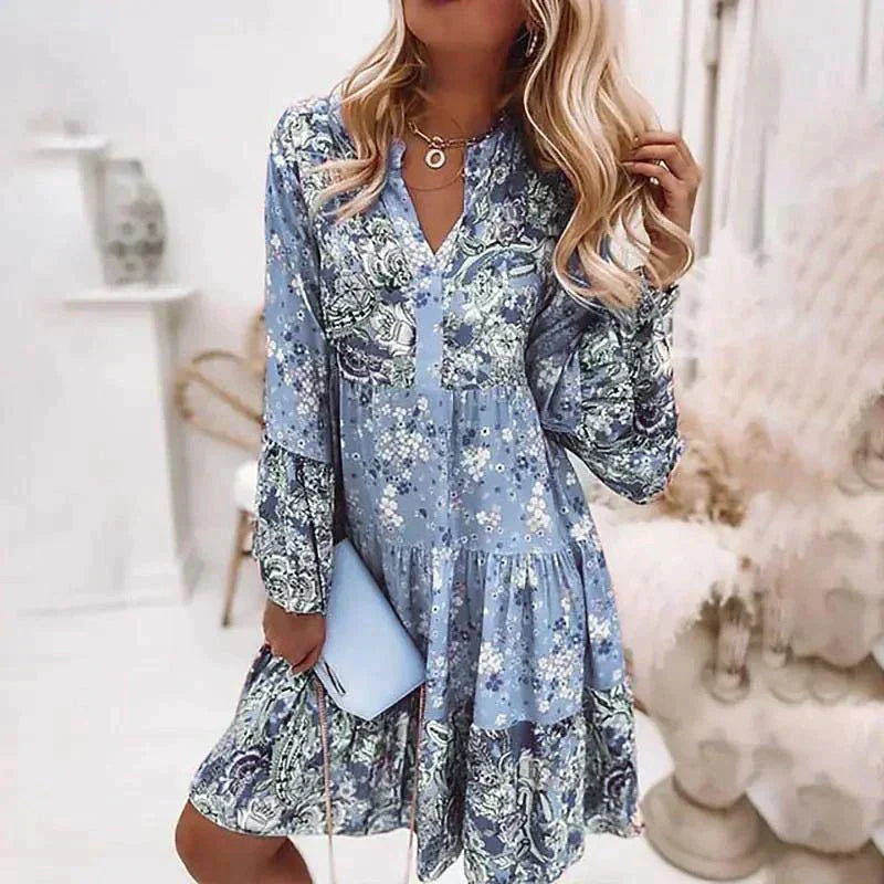 Nyssara | Boho Bloemen Midi Jurk met Lange Mouwen en Knoopsluiting - Soepelvallende A-lijn Casual Chic