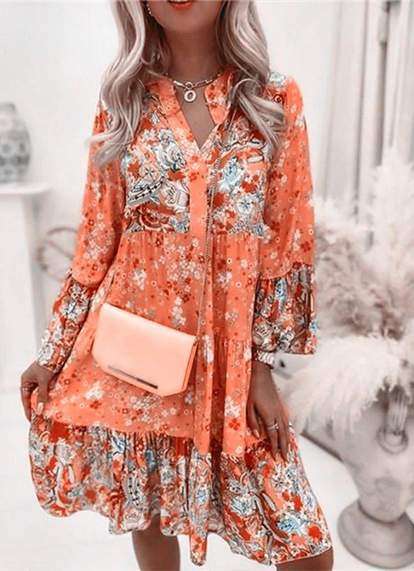 Nyssara | Boho Bloemen Midi Jurk met Lange Mouwen en Knoopsluiting - Soepelvallende A-lijn Casual Chic