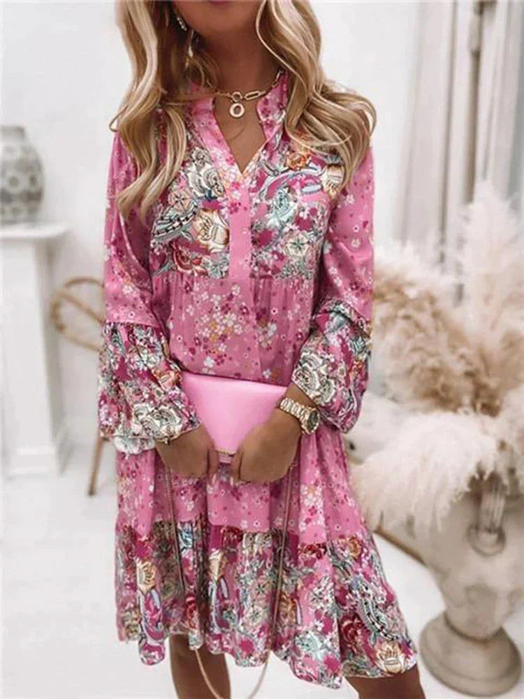 Nyssara | Boho Bloemen Midi Jurk met Lange Mouwen en Knoopsluiting - Soepelvallende A-lijn Casual Chic