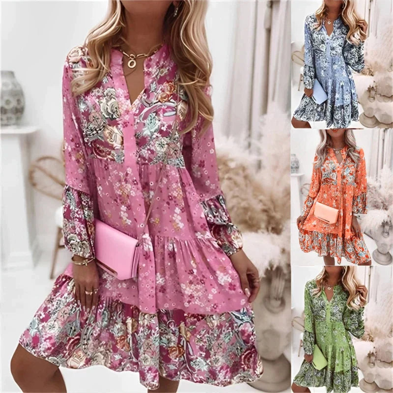 Nyssara | Boho Bloemen Midi Jurk met Lange Mouwen en Knoopsluiting - Soepelvallende A-lijn Casual Chic