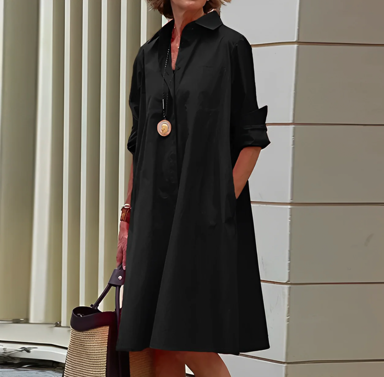 Zyvira | Elegante Midi Overhemdjurk - Knoopjurk met lange mouwen voor dames