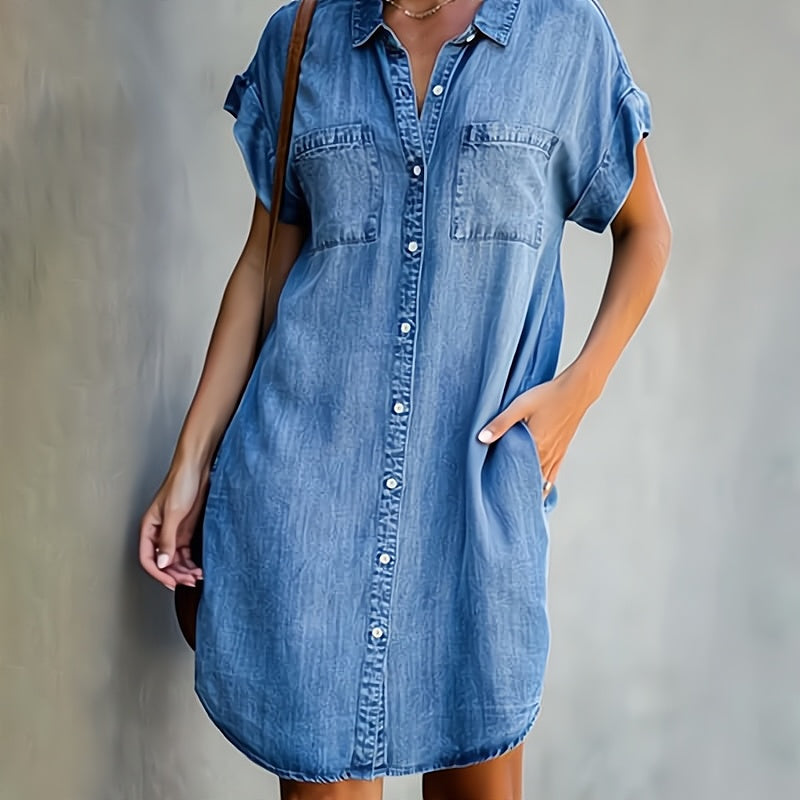 Malaya | Casual Denim Jurk met Knoopsluiting - Korte mouw Jean Shirt Jurk