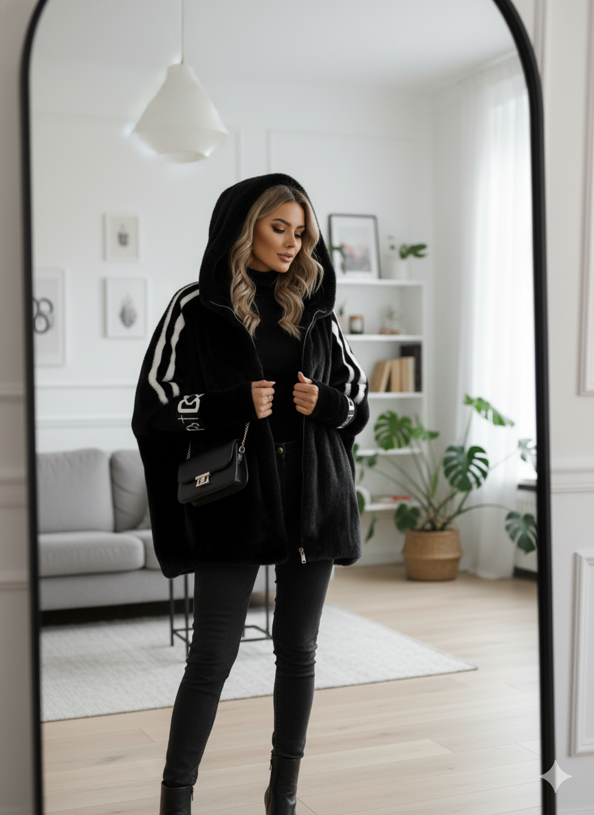 Selira | Oversized jas met capuchon van imitatiebont en gebreide mouwen – Winterjas, warme en zachte