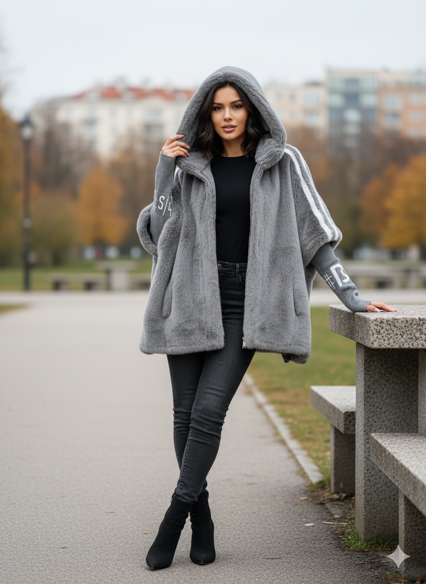Selira | Oversized jas met capuchon van imitatiebont en gebreide mouwen – Winterjas, warme en zachte