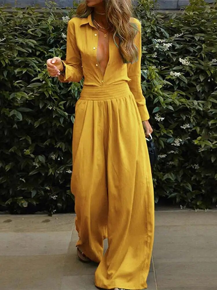 Arlette | Jumpsuit met lange mouwen voor dames - knoopsluiting, wijde pijpen, lente/zomer outfit