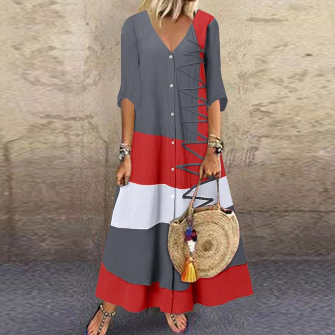 Pandora | Boho kleurblok maxi-jurk - Bedrukt, Halve Mouwen, Trendy & Comfortabel