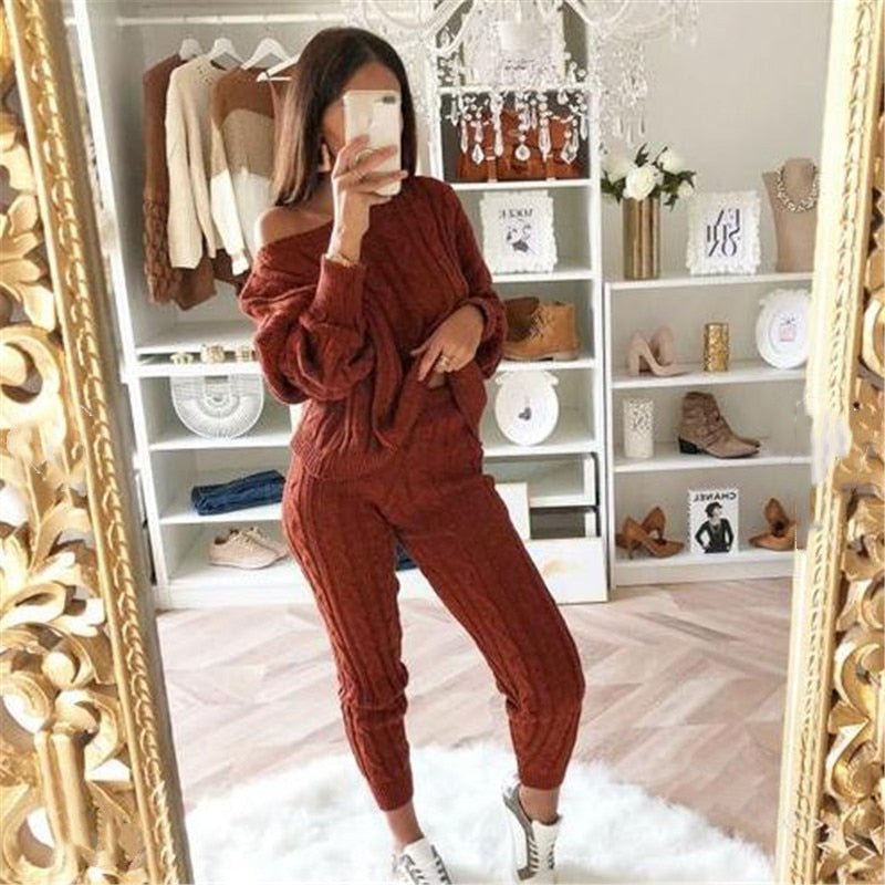 Harlowe | Warme gebreide damestop met lange mouwen en leggingset - Gezellige winterloungewear