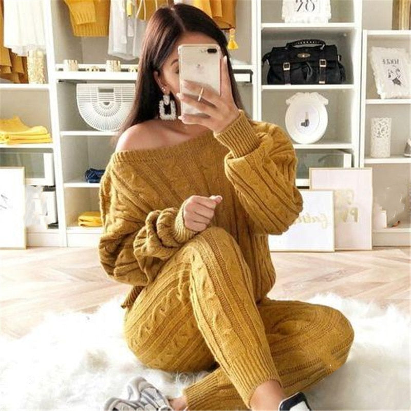 Harlowe | Warme gebreide damestop met lange mouwen en leggingset - Gezellige winterloungewear