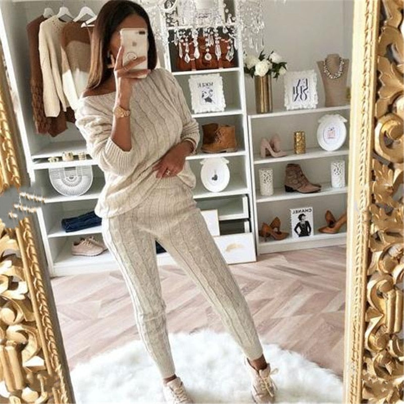 Harlowe | Warme gebreide damestop met lange mouwen en leggingset - Gezellige winterloungewear