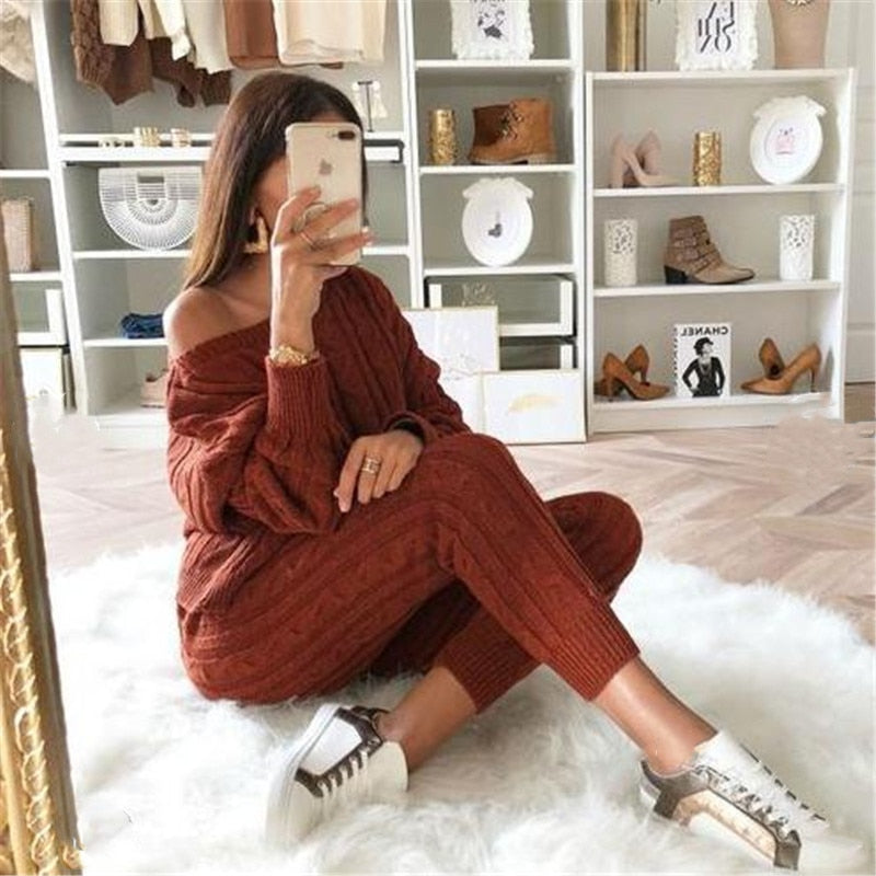 Harlowe | Warme gebreide damestop met lange mouwen en leggingset - Gezellige winterloungewear