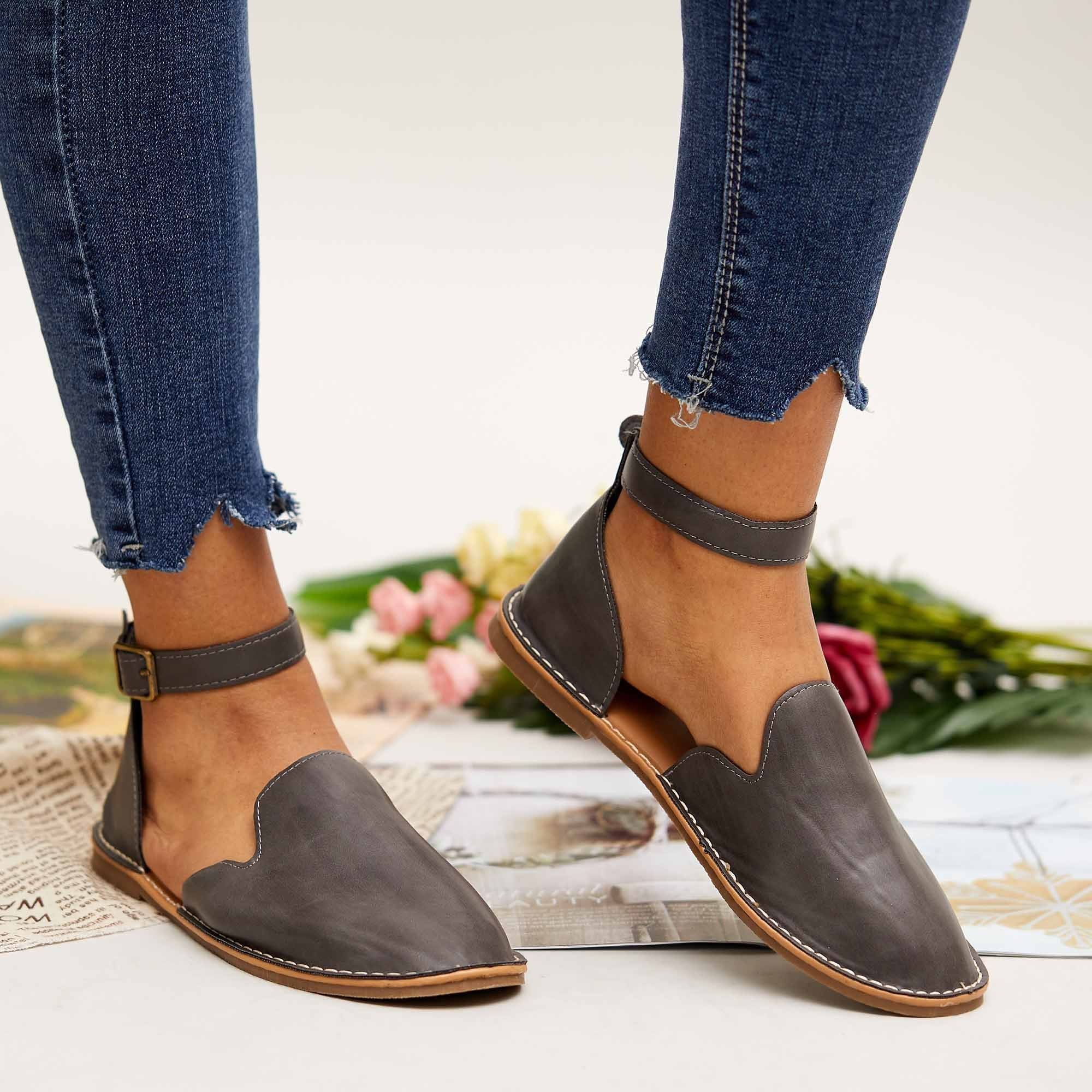Stepelle | Vrouwen Orthopedische Leren Flats - Slip-On Enkel Gesp Schoenen