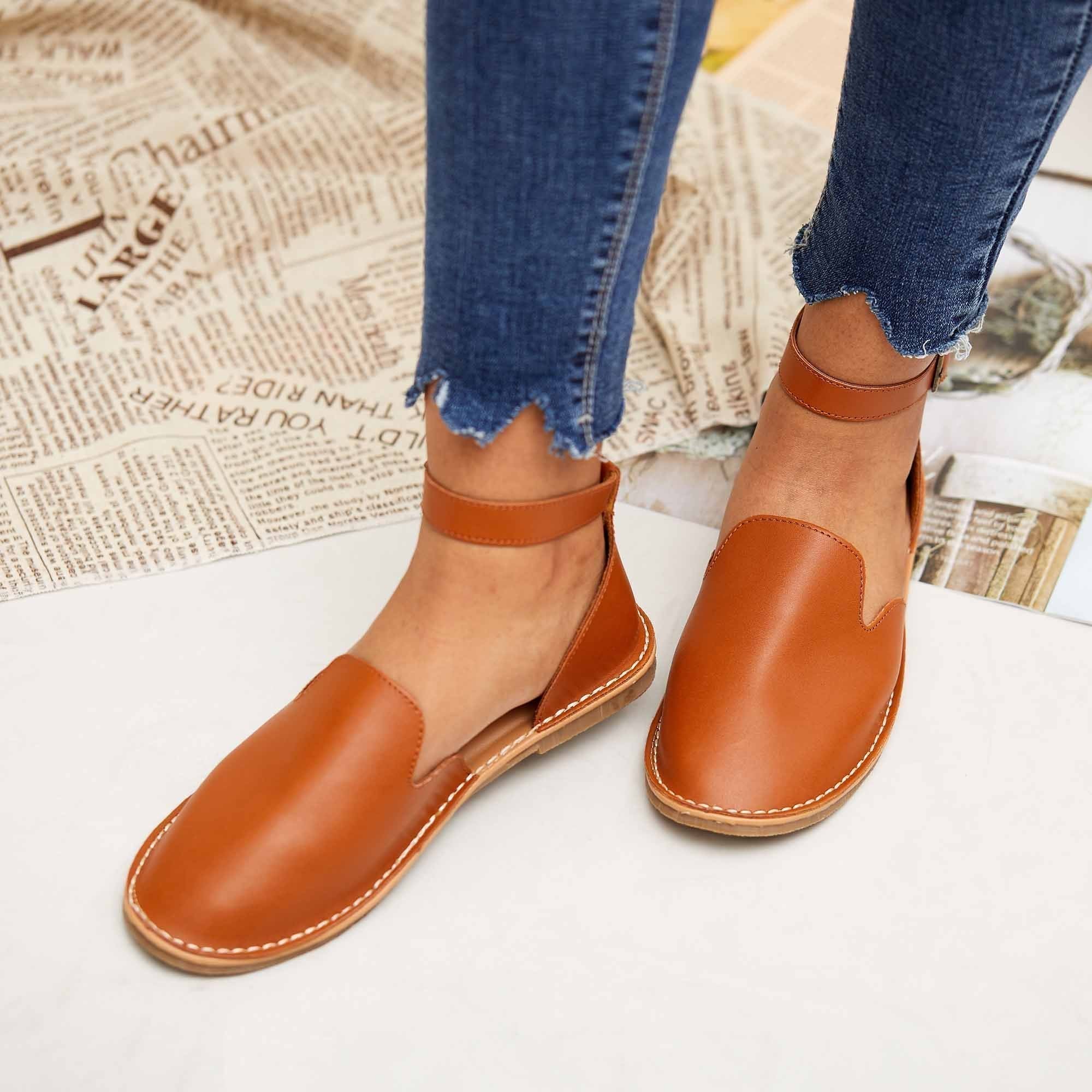 Stepelle | Vrouwen Orthopedische Leren Flats - Slip-On Enkel Gesp Schoenen