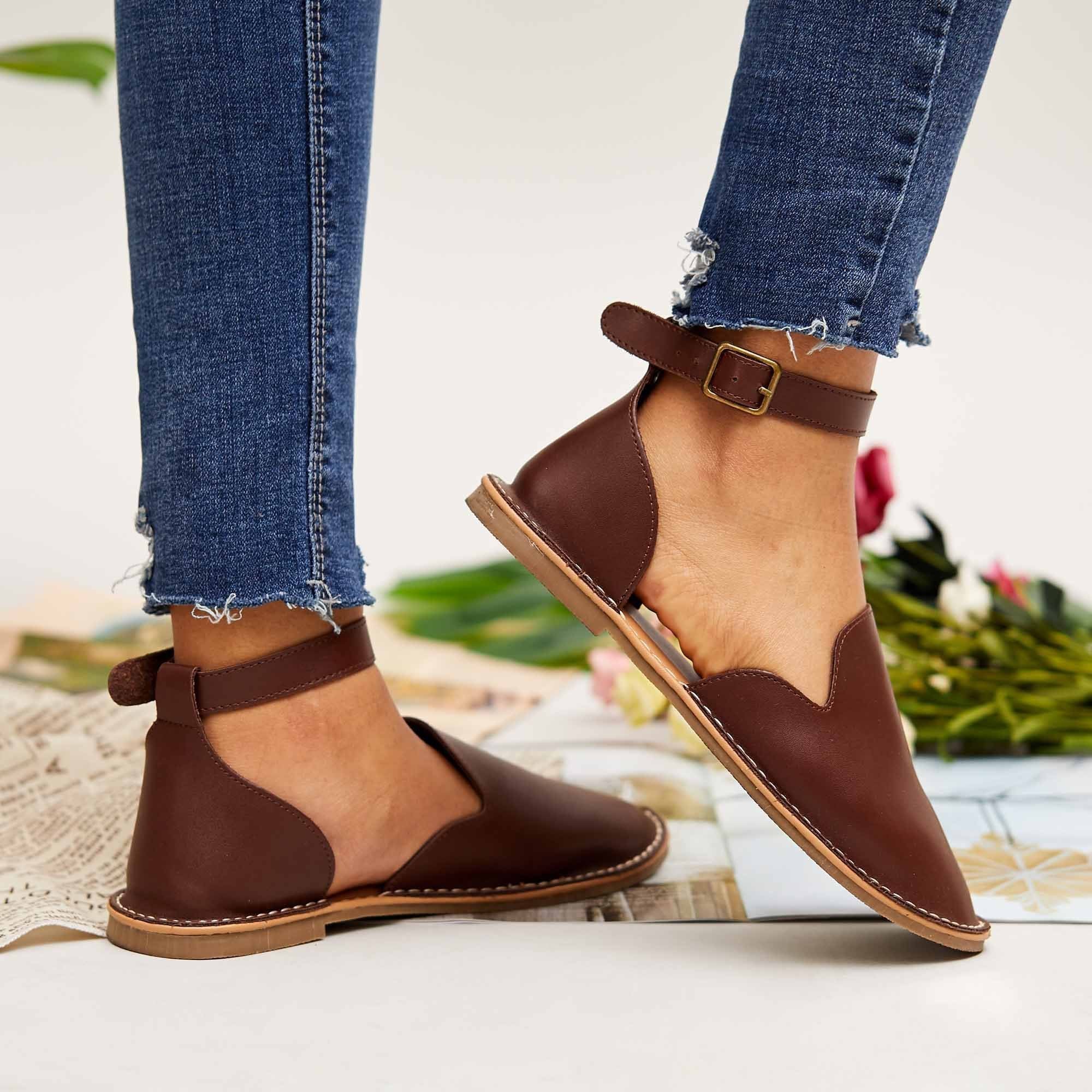 Stepelle | Vrouwen Orthopedische Leren Flats - Slip-On Enkel Gesp Schoenen