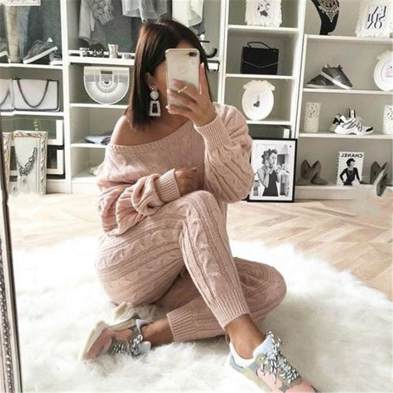 Harlowe | Warme gebreide damestop met lange mouwen en leggingset - Gezellige winterloungewear