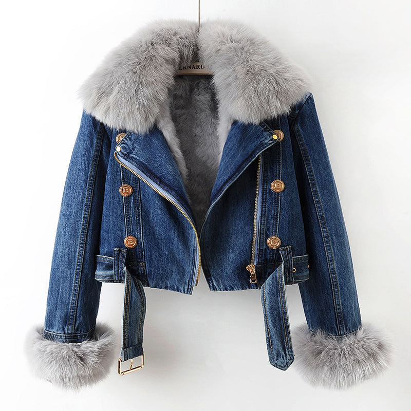 Kalisse | Luxe denimjas voor dames – gevoerd met vossenbont, warm en chic